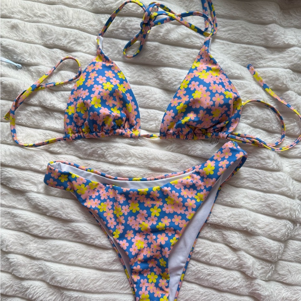 SHEIN Blue Floral Triangle Bikini Set with Pink & Yellow Flowers